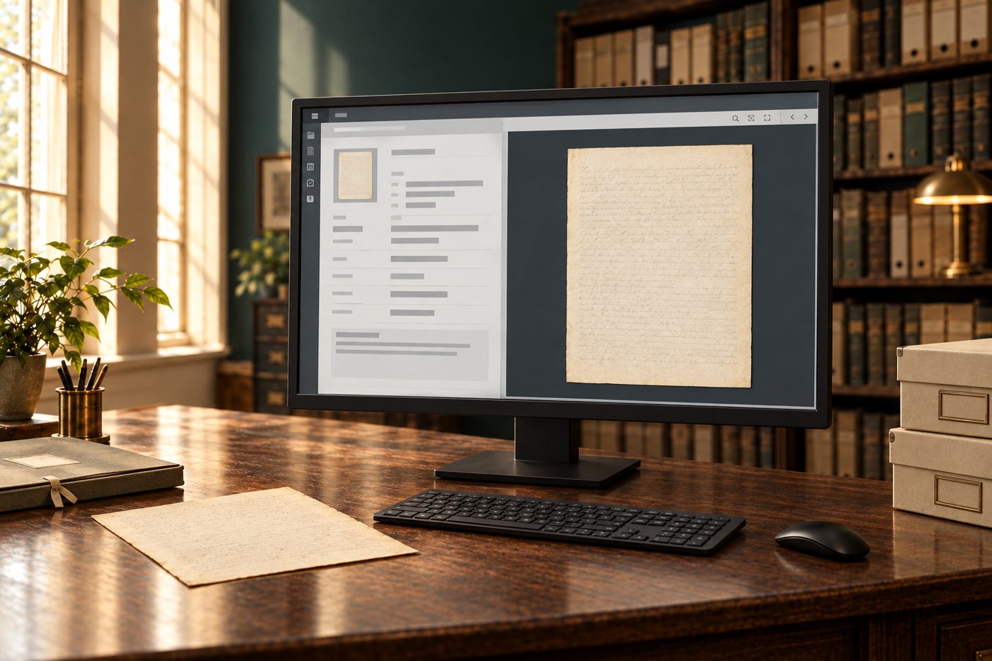 Monitor con l’immagine acquisita di un documento accanto a una scheda descrittiva illustrativa, in una postazione di archivio.